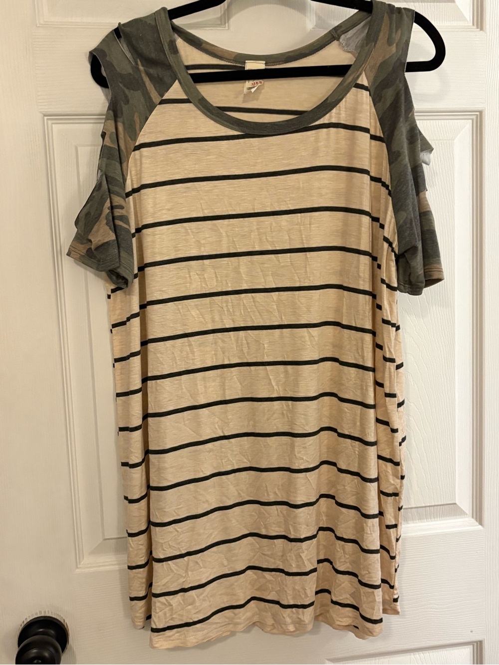7th Ray Beige Striped Cold-Shoulder Tunic with Green Camo Sleeves